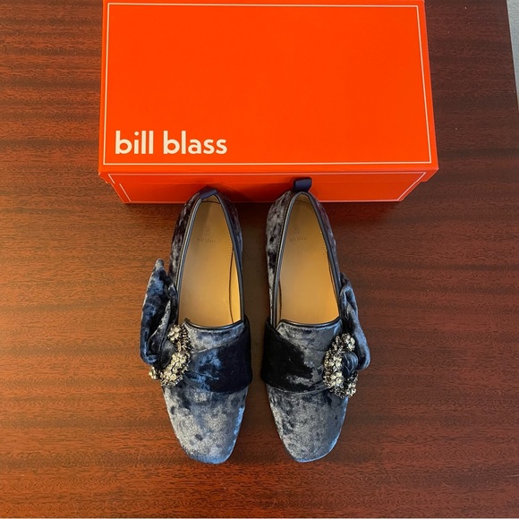 NIB Anthropologie Bill Blass Velvet Leather Blue Crystal Loafers - Picture 1 of 8
